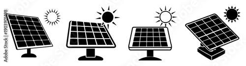 Solar panel vector icons set with sun and night energy symbols for renewable power and eco-friendly technology