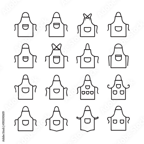 Collection of Outline Apron Icons with Pockets and Ties, Vector Graphics