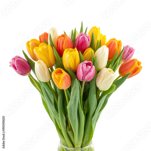Colorful Tulips in a Glass Vase on a White Background During Daytime in a Bri...