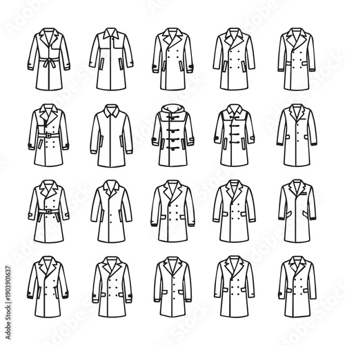 Collection of Outline Coats and Jackets for Men and Women, Fashion Design, Vector Art