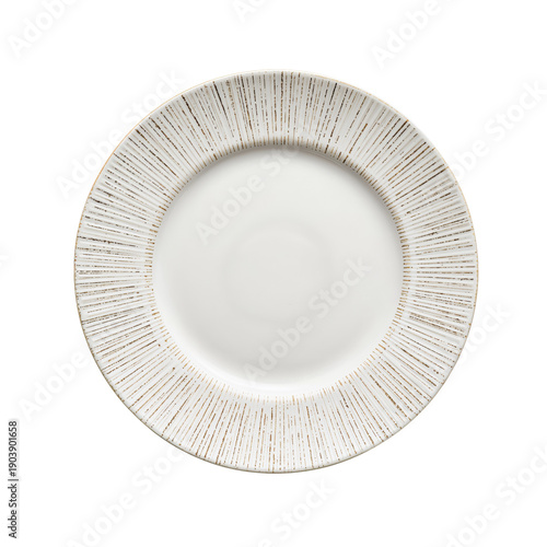 Ceramic Plate With Gray Glaze and Brown Rim View From Above on White Background