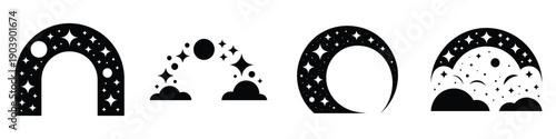 Celestial Zodiac Arc Vector Set: Minimalist Mystical Moon and Star Illustrations, Bohemian Galaxy Arch Designs for Astrology, Spirituality, and Sacred Geometry Branding