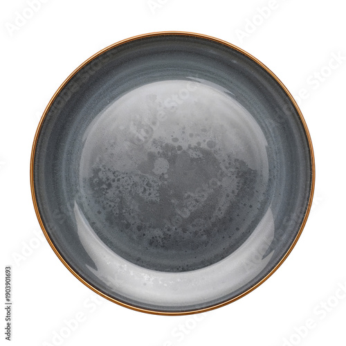 Ceramic Plate With Gray Glaze and Brown Rim View From Above on White Background
