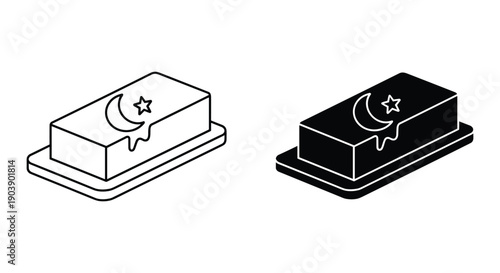 Turkish Chocolate with Crescent Moon and Star on Tray, Black and White Illustration