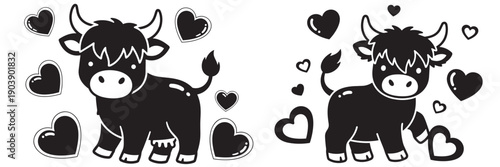 Cute cow silhouette with hearts cartoon illustration