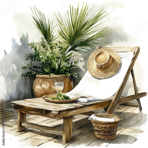 Poolside Relaxation Sunny Day, clipart vector in watercolor style with flowing brushwork, isolated on a white background.
