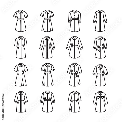 Collection of Shirt Dress Icons with Various Sleeve Lengths and Belt Styles