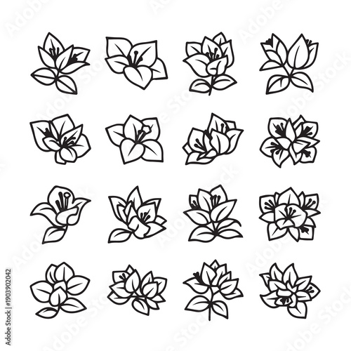 Collection of sixteen stylized flower icons and illustrations, black outline on white