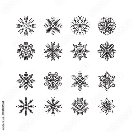 Collection of sixteen unique snowflake designs, black outlines on white, winter icons