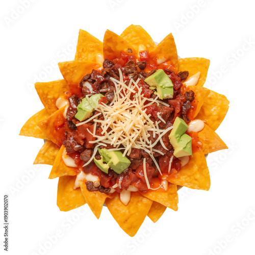 Colorful Plate of Nachos With Beans, Salsa, and Cheese Served as a Snack or A...