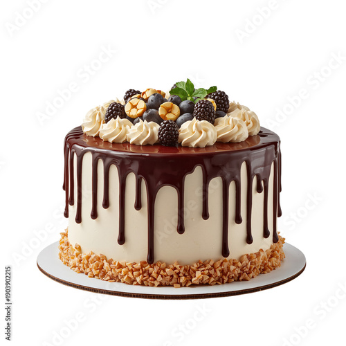 Layered Cake With Cream and Decoration on a Round Cake Board in a Kitchen Set...