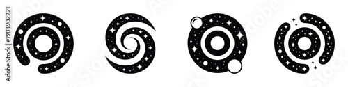 Zodiac Spiritual Spiral Icons: Minimalist Celestial Constellation Symbols, Galactic Astrological Vector Art Illustrations