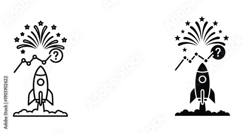 Black and White Rocket Launch with Fireworks and Question Mark Icon Set