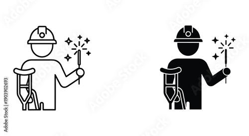 Construction worker celebrating success with fireworks and hard hat isolated on white background