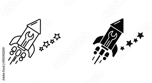 Black and White Rocket Ship Illustration Soaring Through Stars