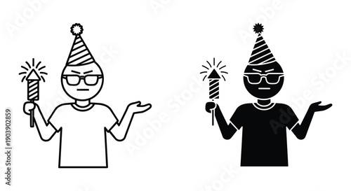 Confused cartoon characters wearing party hats and holding sparklers in black and white illustration