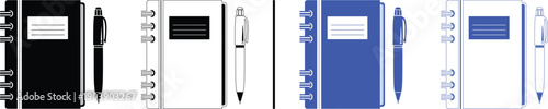 spiral notebook and pen icons isolated on white background, black and blue vector illustration of diary and ballpoint for office, education, and stationery concepts.