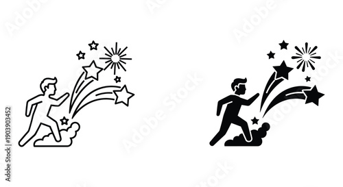 Silhouette couple celebrating success with fireworks and stars at night outdoor festival event