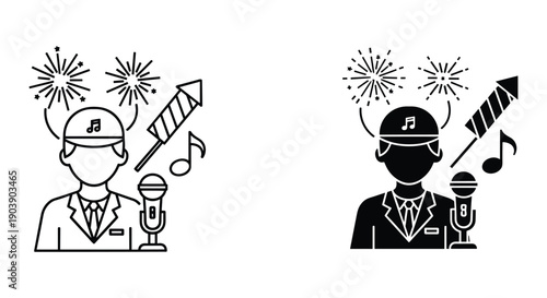 Doctor and musician cartoon characters singing with microphone and saxophone in celebration with confetti and music notes