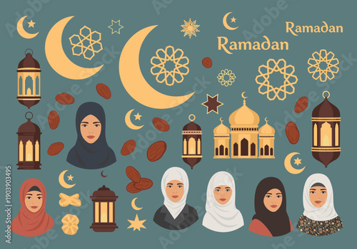 A serene illustration of a woman in hijab surrounded by festive symbols, evoking a sense of spirituality and community during Ramadan.