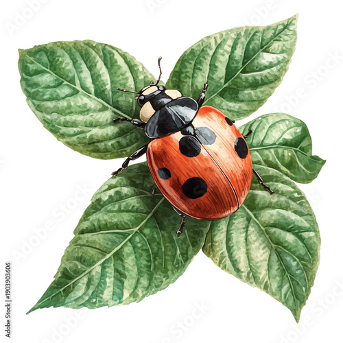 Ladybug Crawling Spring Leaves, vector watercolor clipart with soft pastel strokes, isolated on a white background.