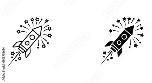 100th anniversary rocket and space shuttle celebrating milestone with fireworks and stars in black and white line art