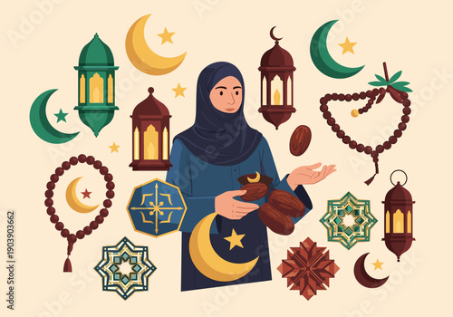 A serene illustration of prayer beads against a soft moonlit background, evoking spirituality and calmness.