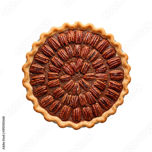 Pecan Pie With a Circular Design of Pecans on a Golden Crust Served on a Whit...