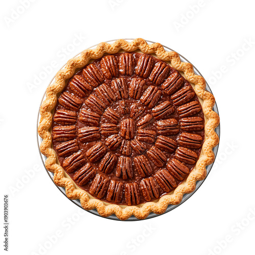 Pecan Pie With a Circular Design of Pecans on a Golden Crust Served on a Whit...