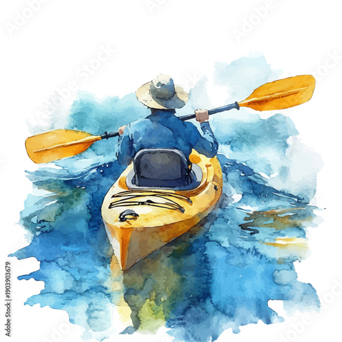 watercolor of Kayaking Summer Adventure Lake, isolated on a white background.