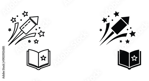 Minimalist black and white book icon with stars and sparkles for education and success concepts