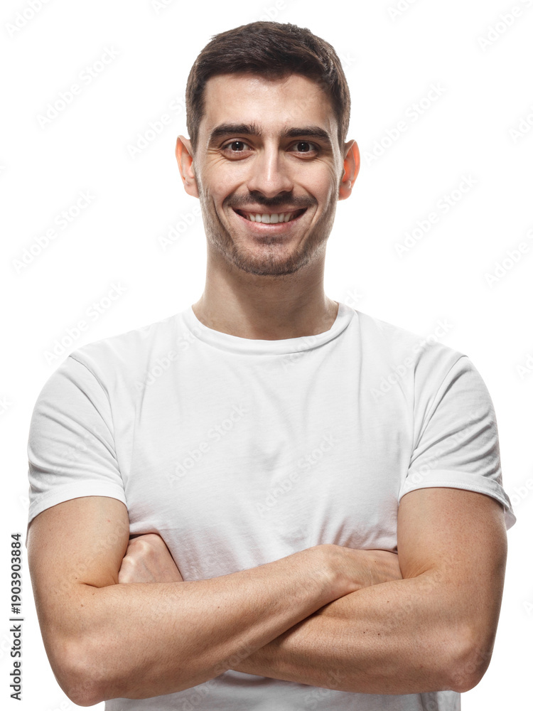 Obraz premium Confident man smiling with arms crossed showing positive attitude and self-assurance