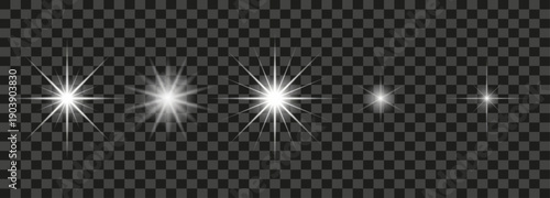 Lens Flare Collection realistic photographic light effect illumination set white sparkle vector graphics isolated transparency grid.