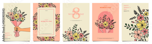 Women’s day hand drawn floral greeting card set for posters, invitations, stationery, social media, and holiday celebration - Vector illustration pack