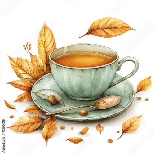 watercolor of Hot Tea Autumn Cup, isolated on a white background.
