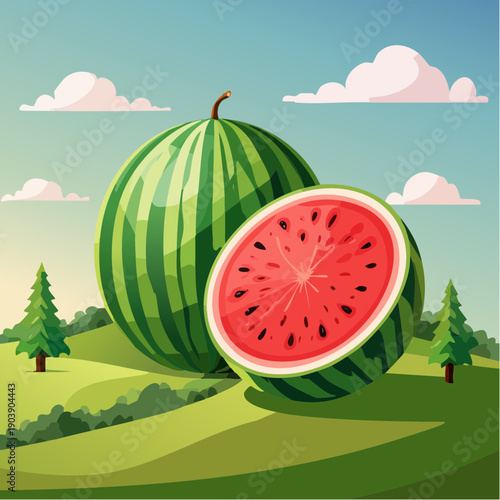 Dojrzały, smaczny arbuz przekrojony na pół z widocznym  czerwonym miąższem i pestkami