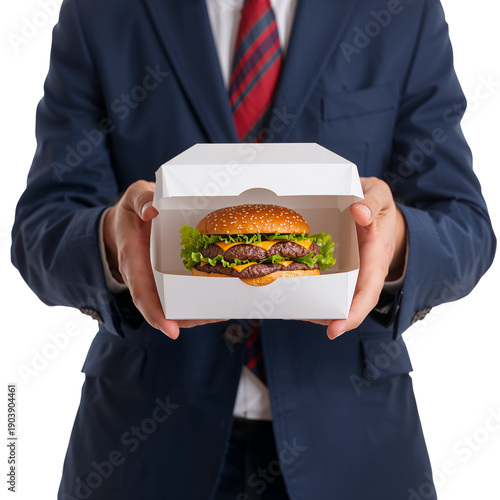 Businessman Holds a Hamburger Box While Wearing a Suit and Tie in a Bright Se...