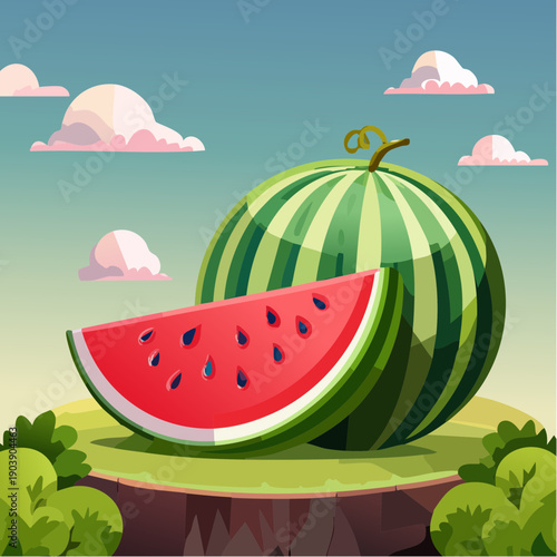 Dojrzały, smaczny arbuz przekrojony na pół z widocznym  czerwonym miąższem i pestkami