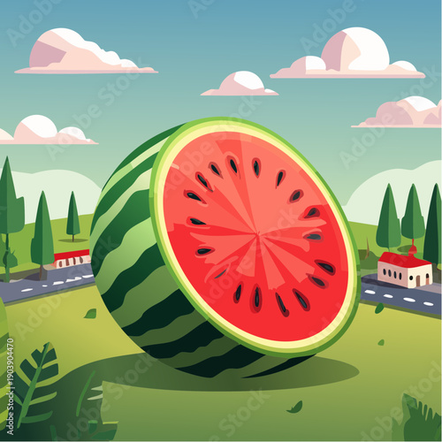 Dojrzały, smaczny arbuz przekrojony na pół z widocznym  czerwonym miąższem i pestkami