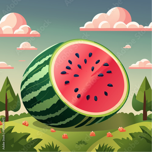 Dojrzały, smaczny arbuz przekrojony na pół z widocznym  czerwonym miąższem i pestkami