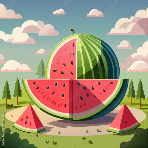 Dojrzały, smaczny arbuz przekrojony na pół z widocznym  czerwonym miąższem i pestkami