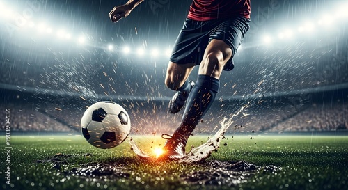 Dynamic low angle shot of a soccer player kicking a ball FIFA World Cup 2026, World Cup, World Cup 2026 with Soccer Ball, Vibrant Stadium, International Flags, Global Football Celebration