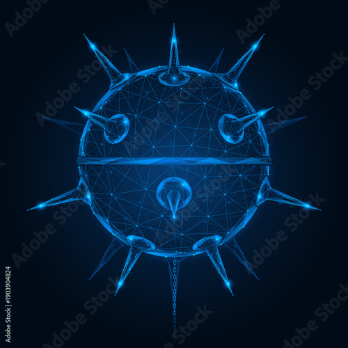 An underwater mine. The spherical object with sharp spikes symbolizes a hidden digital threat, danger in the depths of the information space and vulnerability of cyberspace.