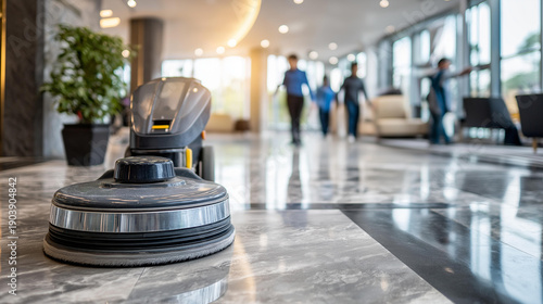 Industrial floor cleaning machine working on polished marble floor in office building, defocused faceless people walking in background, professional maintenance equipment, modern