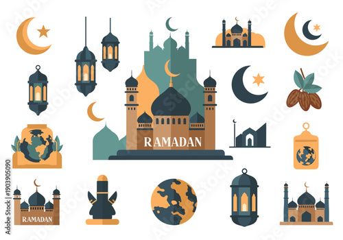 A serene illustration of a mosque with a crescent moon, evoking spirituality and community during Ramadan.