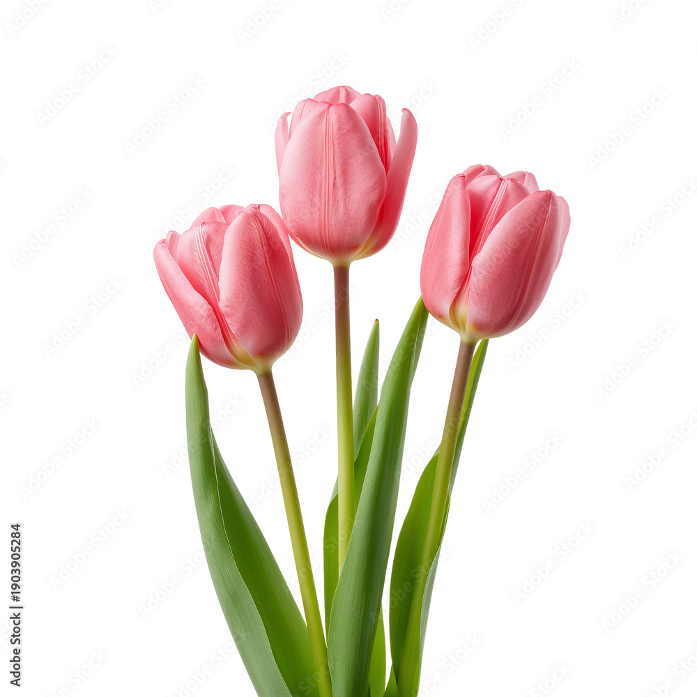 Naklejka premium Three Pink Tulips With Green Leaves Standing in a Vase on a White Background