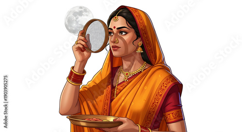 Young Hindu woman celebrating Karwa Chauth looking at moon through sieve