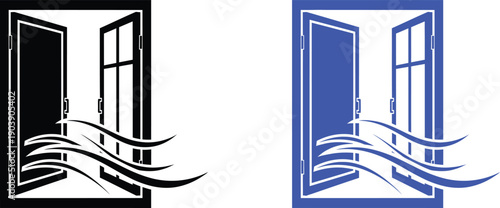 Open window with fresh air waves icon set isolated on white background, black and blue vector illustration of window ventilation for home and interior design concepts.