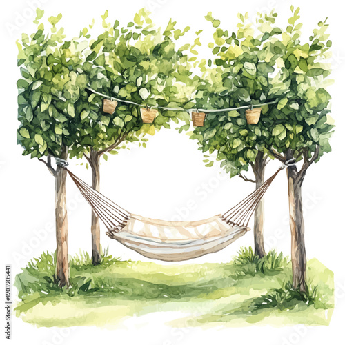 Hammock Hanging Between Trees, vector watercolor clipart with soft pastel strokes, isolated on a white background.