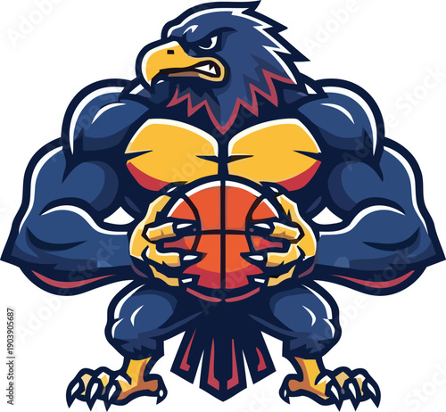 Eagle Mascot Holding Basketball with Angry Expression - Vector Illustration.